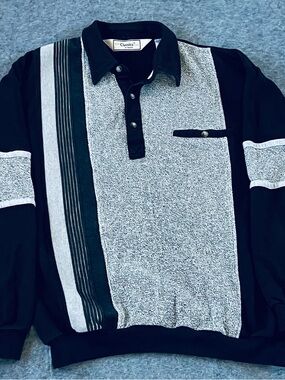 Classic Black and Gray Textured Long-Sleeve Polo